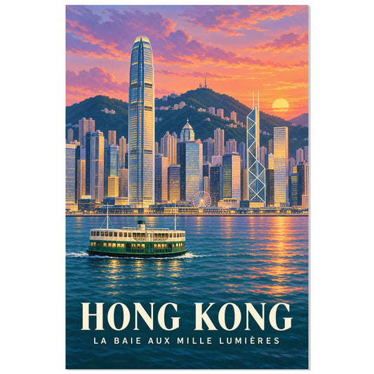 Affiche Hong Kong – La baie au crépuscule, illustration architecturale / affiche de voyage / rendu peint verticale, format 30 × 45 cm