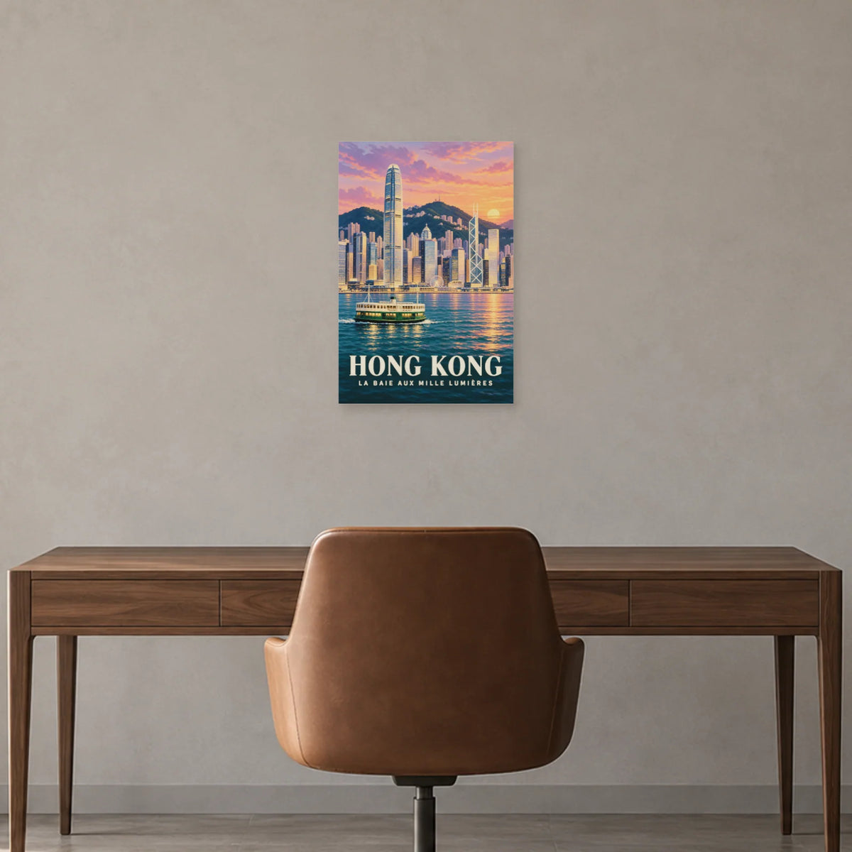 Affiche Hong Kong baie au crépuscule dans un bureau - Art Virtuoso