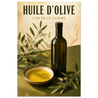 Affiche Huile d’Olive – L’Or de la Cuisine, illustration éditoriale verticale, format 30 × 45 cm