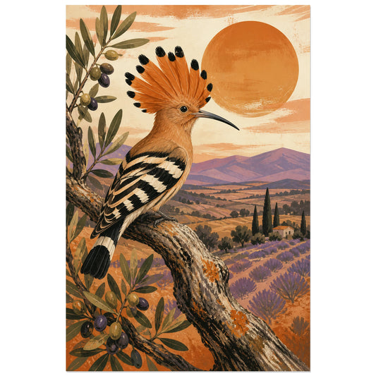 Affiche Huppe fasciée - Lumière de Provence, affiche méditerranéenne vintage en aplats texturés verticale, format 30 × 45 cm