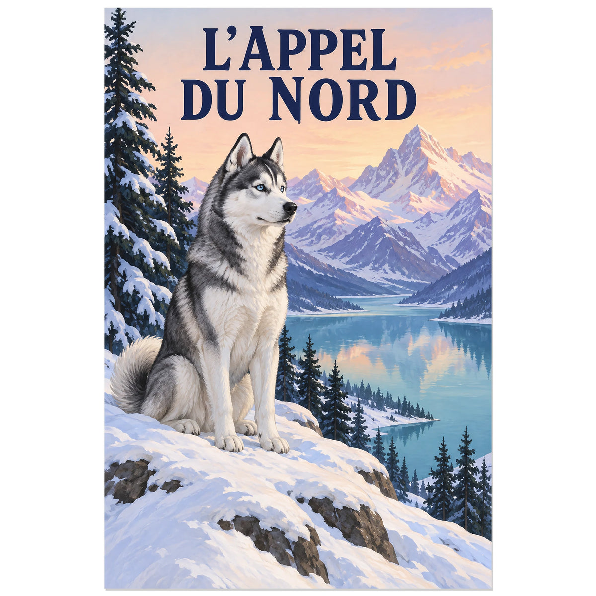 Affiche Husky – L’appel du Nord, affiche de voyage / paysage à la gouache verticale, format 40 × 60 cm