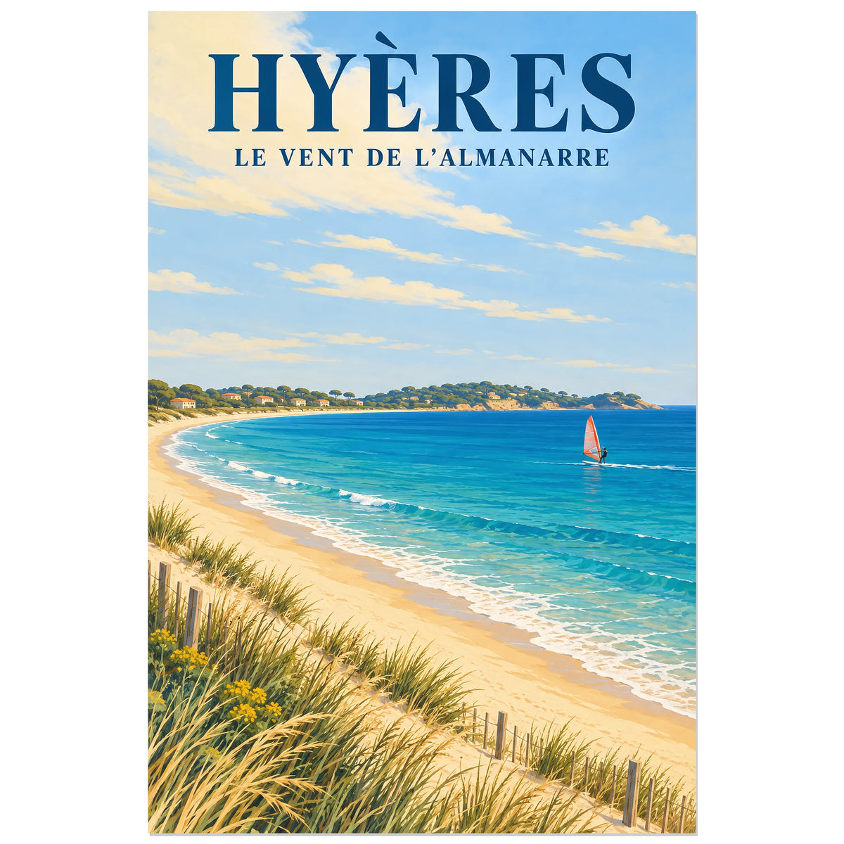 Affiche Hyères - Le vent de l'Almanarre, illustration peinte / affiche de voyage rétro verticale, format 30 × 45 cm