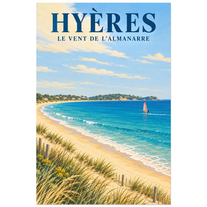 Affiche Hyères - Le vent de l'Almanarre, illustration peinte / affiche de voyage rétro verticale, format 60 × 90 cm