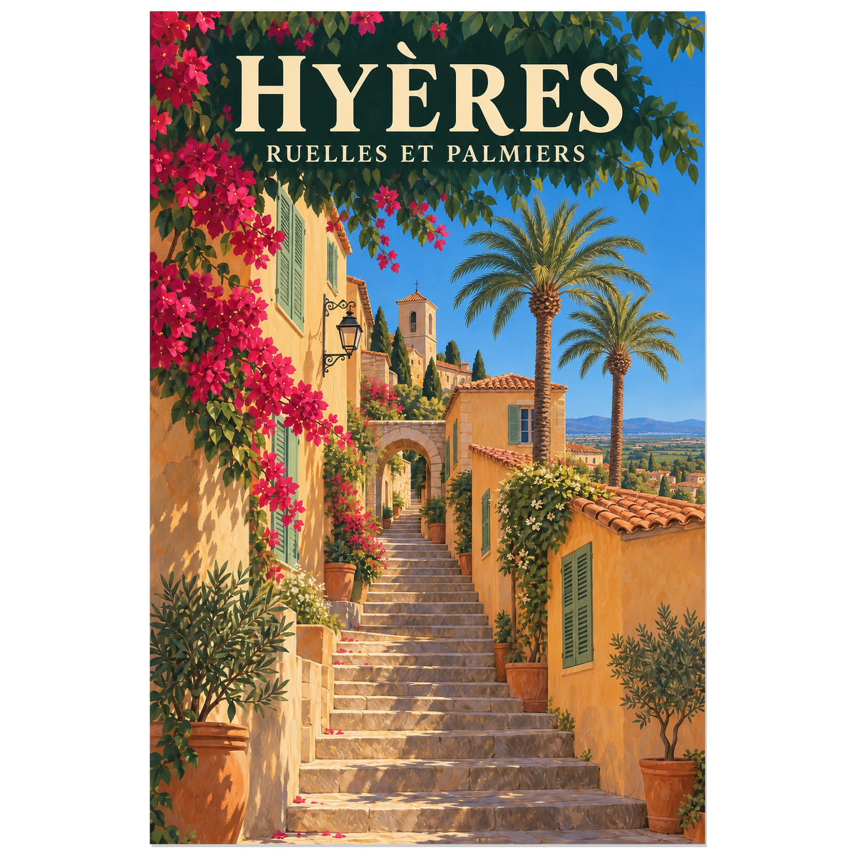 Affiche Hyères - Ruelles et palmiers, illustration peinte / affiche de voyage rétro verticale, format 60 × 90 cm