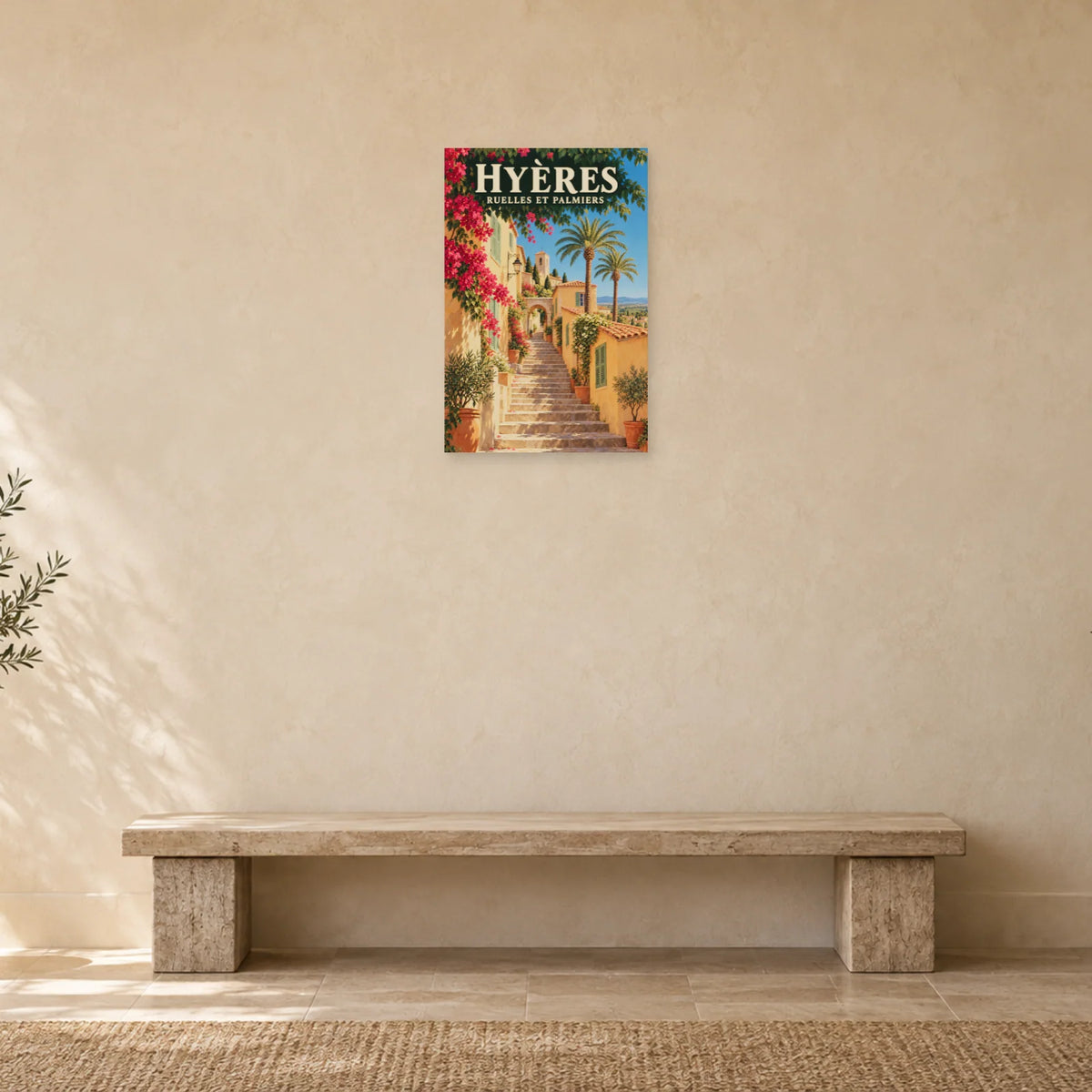 Affiche Hyères - Ruelles et palmiers dans une entrée ou un couloir - Art Virtuoso