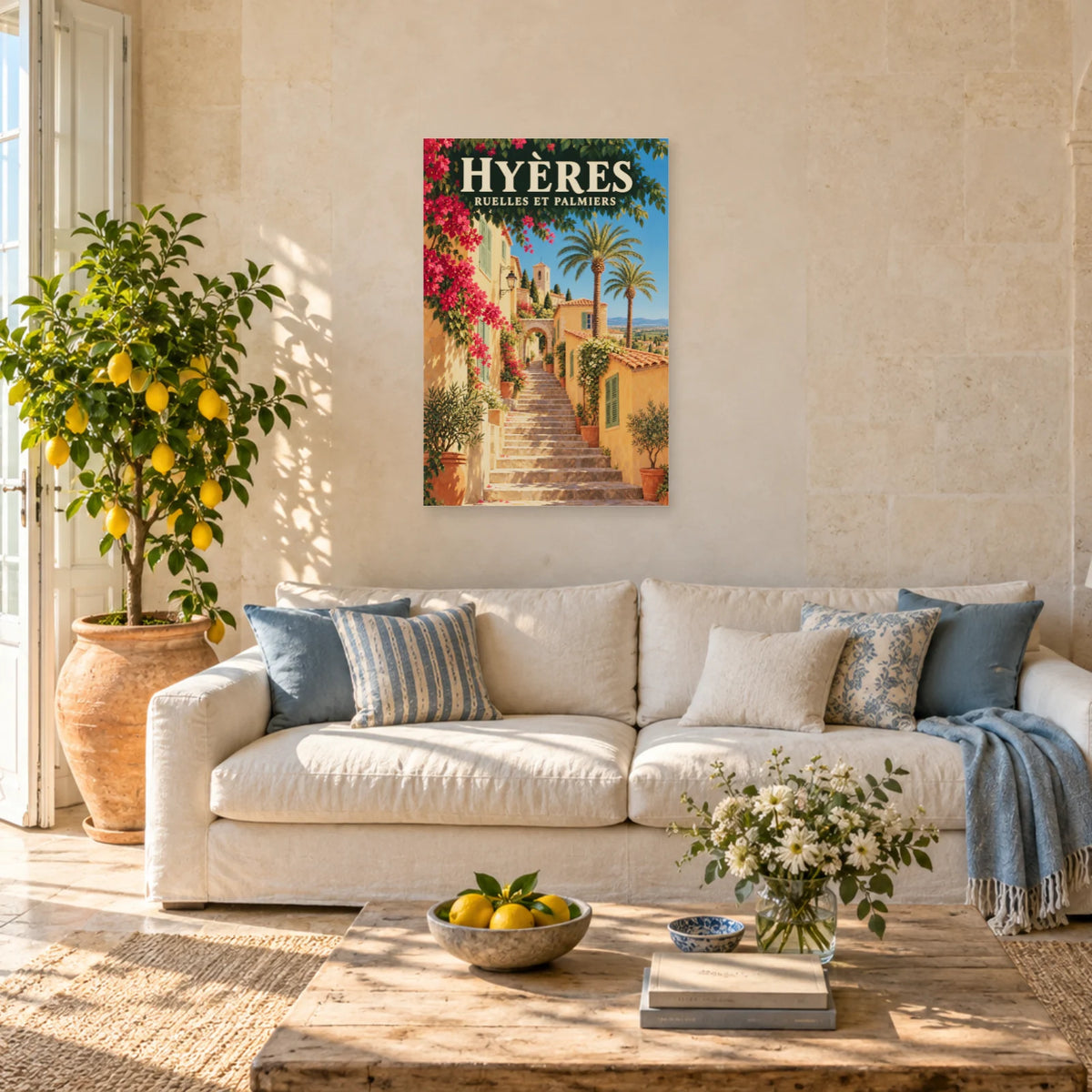 Affiche Hyères - Ruelles et palmiers dans un salon - Art Virtuoso
