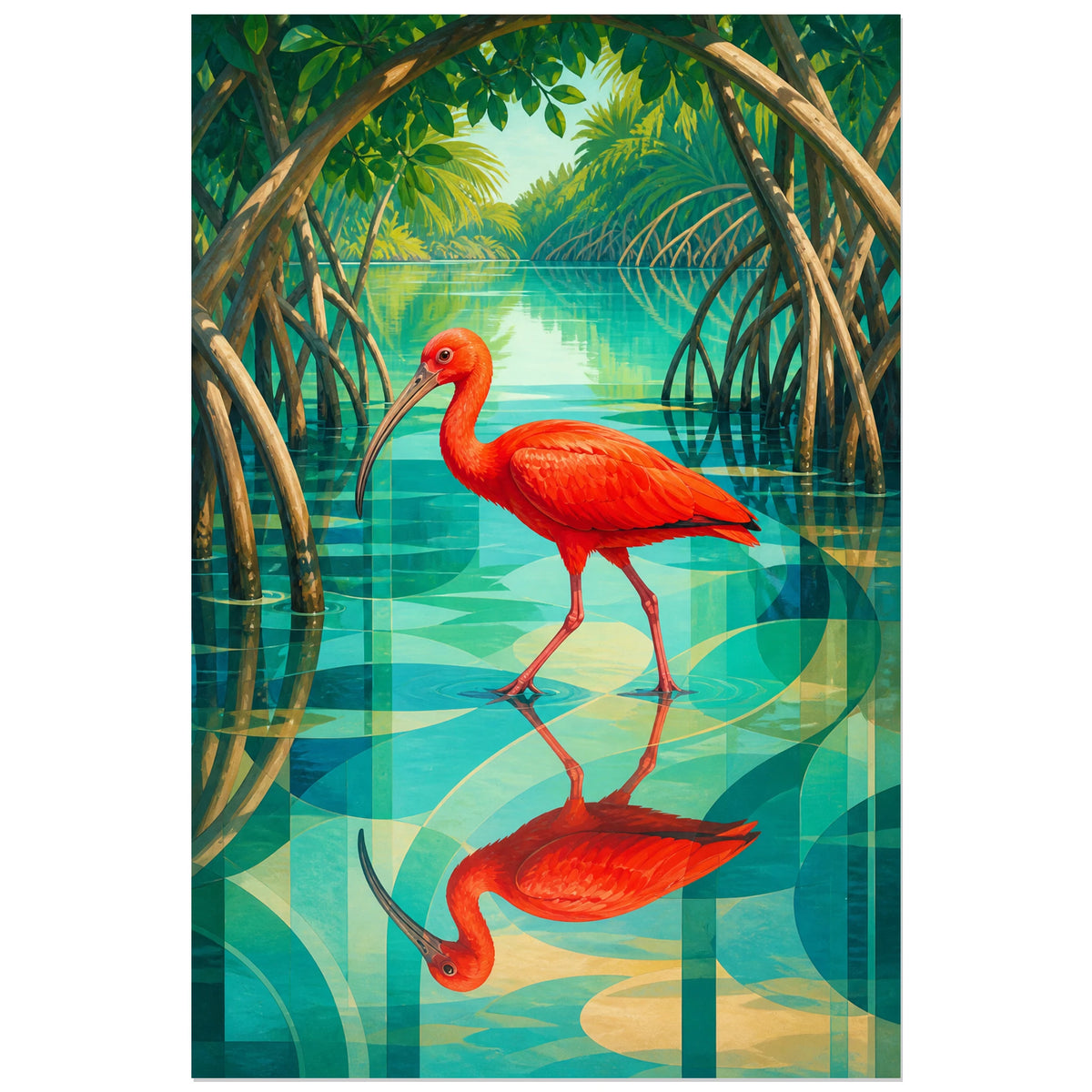 Affiche Ibis rouge dans la mangrove, illustration naturaliste moderniste aux reflets géométriques verticale, format 30 × 45 cm
