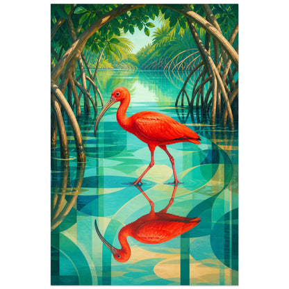 Affiche Ibis rouge dans la mangrove, illustration naturaliste moderniste aux reflets géométriques verticale, format 30 × 45 cm
