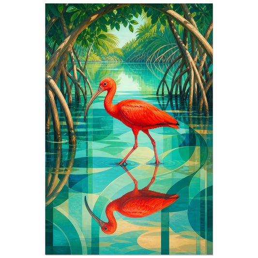 Affiche Ibis rouge dans la mangrove, illustration naturaliste moderniste aux reflets géométriques verticale, format 30 × 45 cm