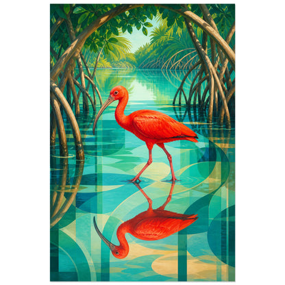 Affiche Ibis rouge dans la mangrove, illustration naturaliste moderniste aux reflets géométriques verticale, format 60 × 90 cm