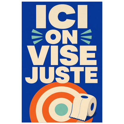 Affiche Ici on vise juste – Humour WC, affiche typographique pop à pictogrammes verticale, format 60 × 90 cm