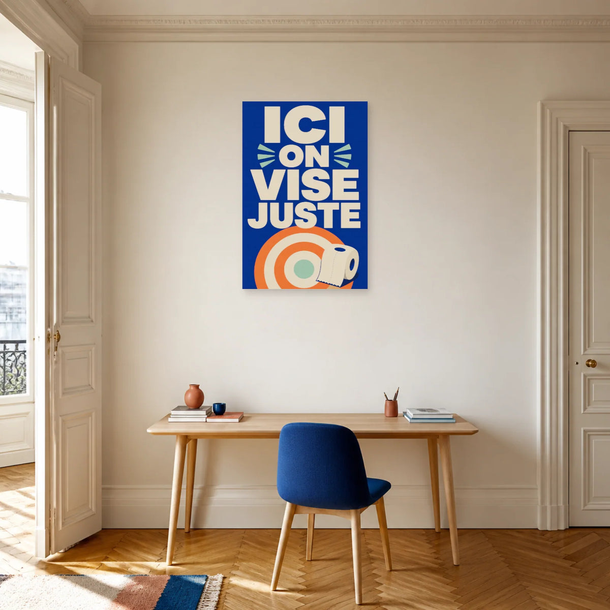 Affiche Ici on vise juste – Humour WC dans un bureau - Art Virtuoso