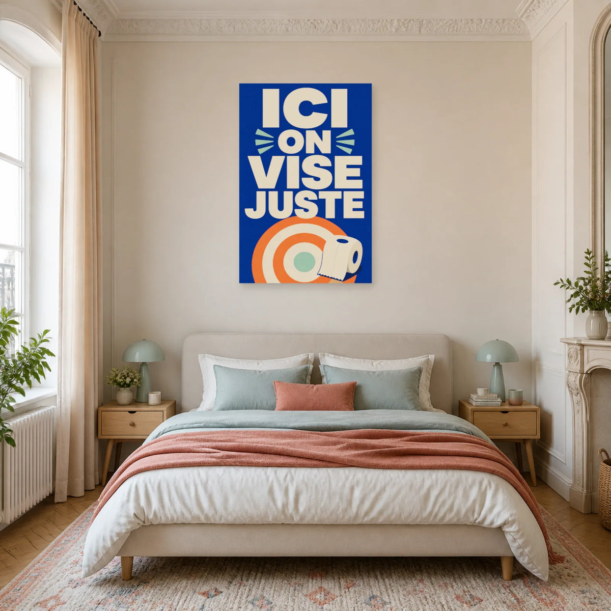 Affiche Ici on vise juste – Humour WC dans une chambre - Art Virtuoso