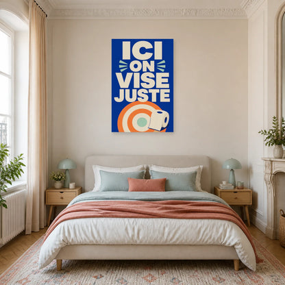 Affiche Ici on vise juste – Humour WC dans une chambre - Art Virtuoso