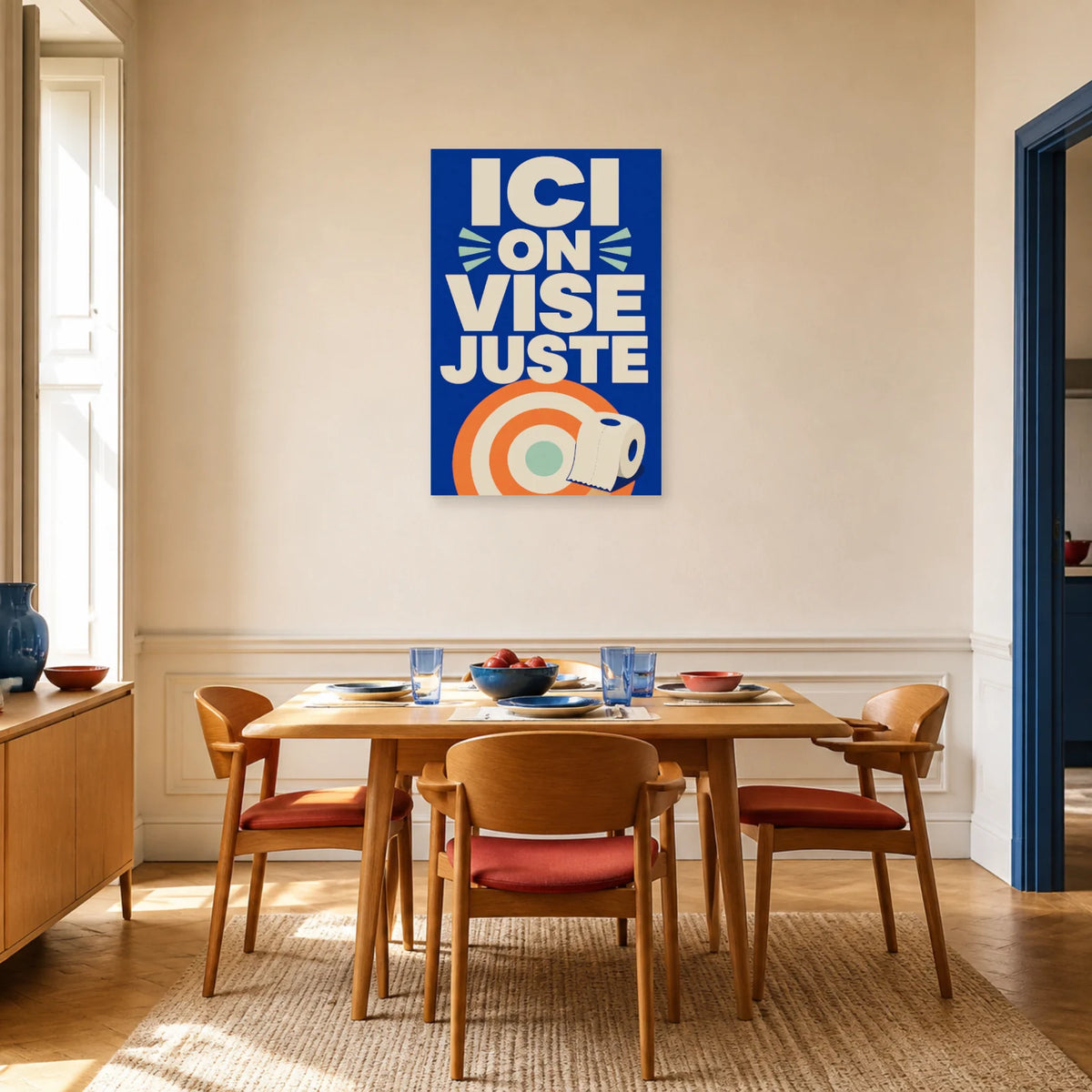 Affiche Ici on vise juste – Humour WC dans une salle à manger - Art Virtuoso