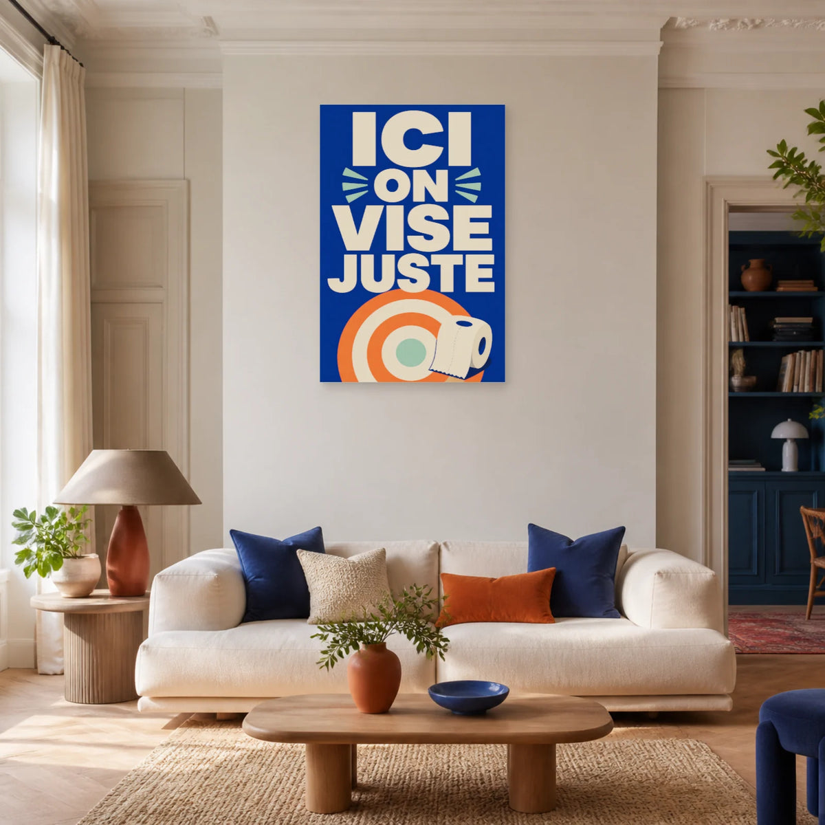 Affiche Ici on vise juste – Humour WC dans un salon - Art Virtuoso