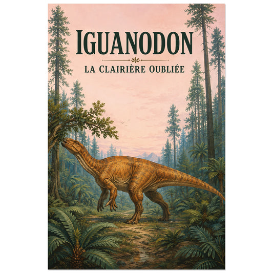 Affiche Iguanodon – La clairière oubliée, illustration naturaliste / gouache vintage verticale, format 30 × 45 cm