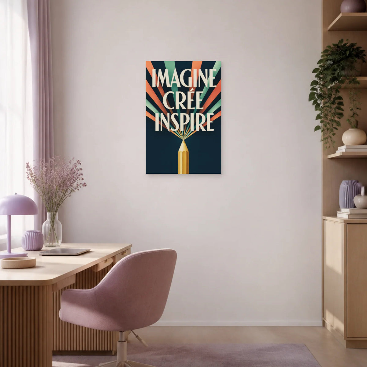 Affiche Imagine Crée Inspire – Crayon rayonnant dans un bureau - Art Virtuoso