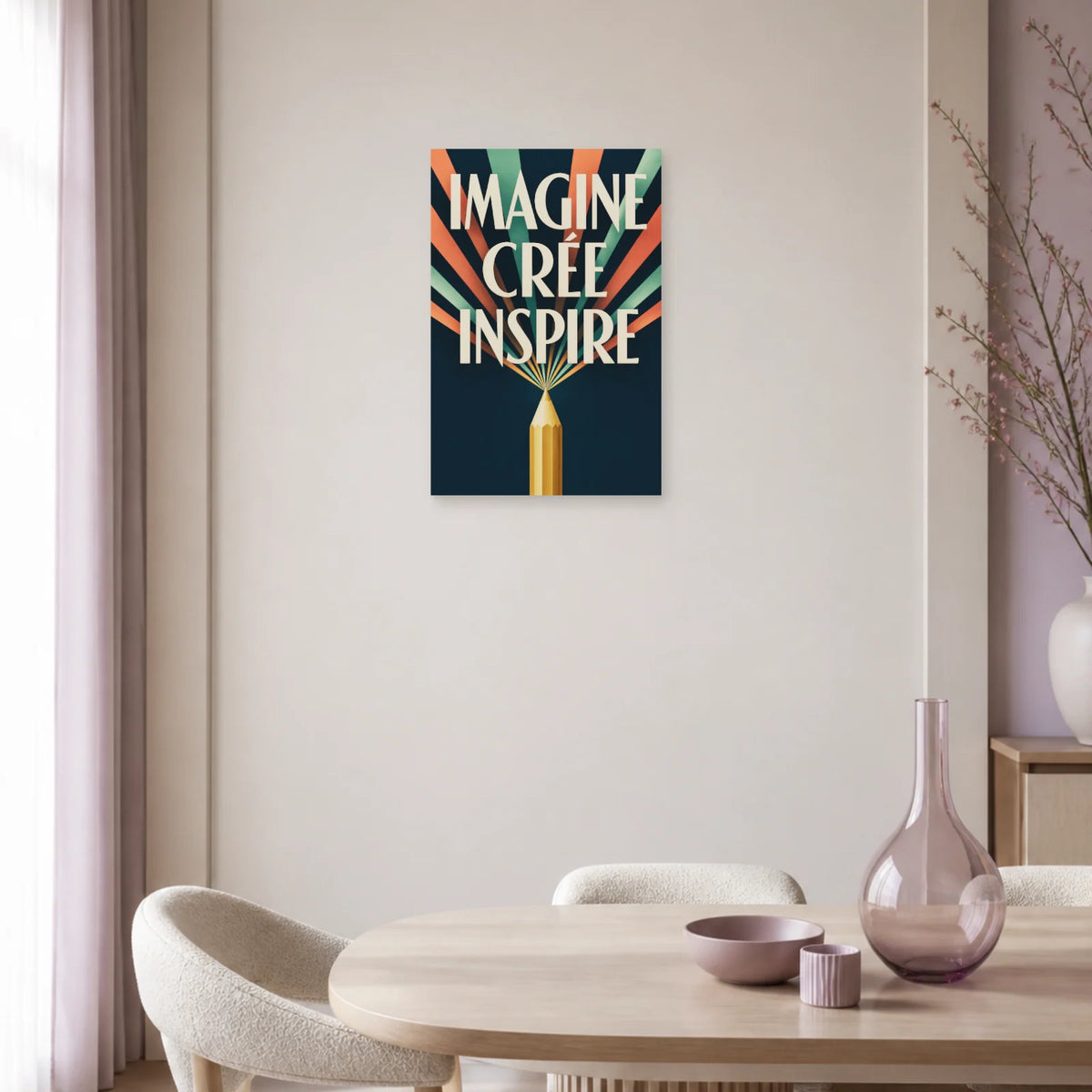 Affiche Imagine Crée Inspire – Crayon rayonnant dans une salle à manger - Art Virtuoso