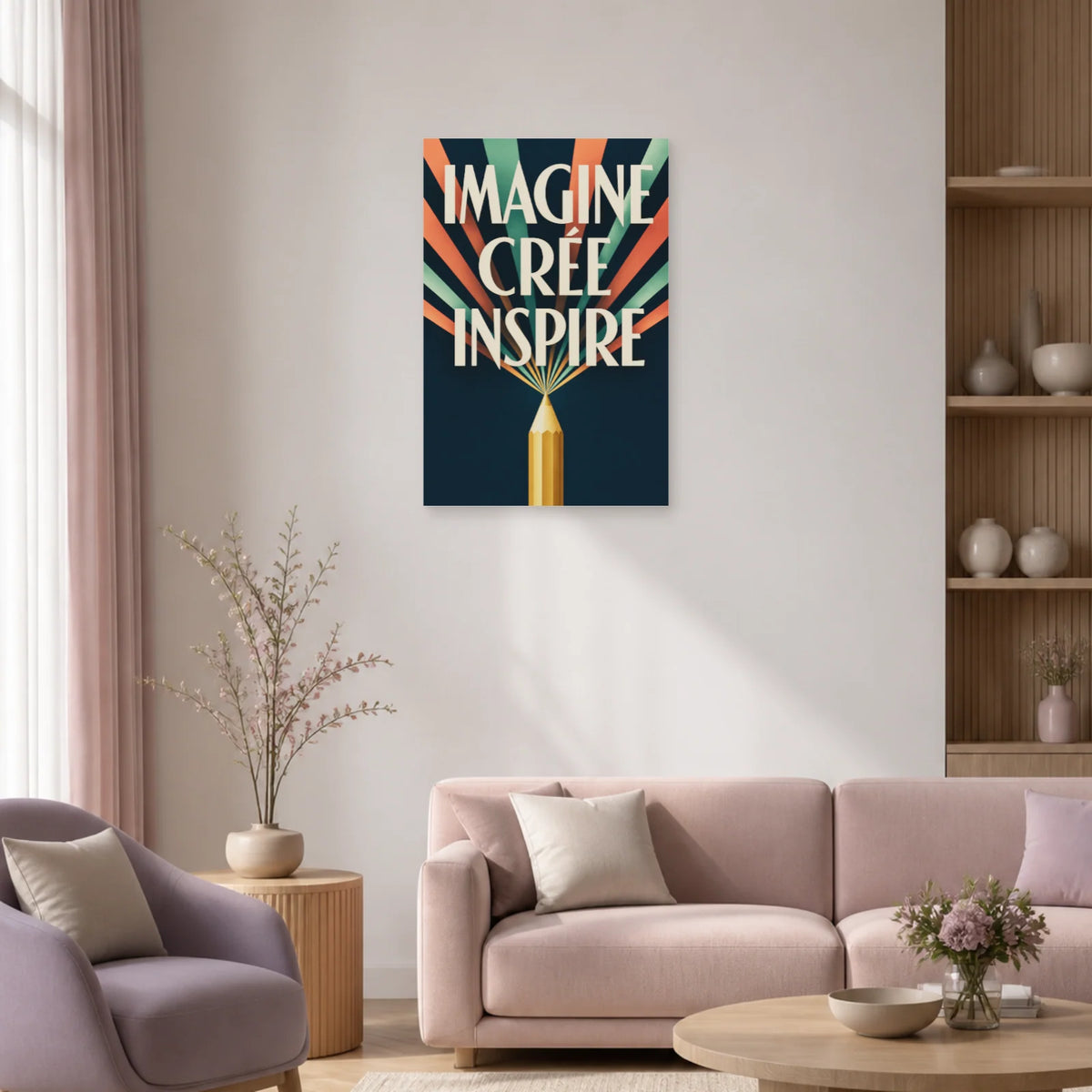 Affiche Imagine Crée Inspire – Crayon rayonnant dans un salon - Art Virtuoso