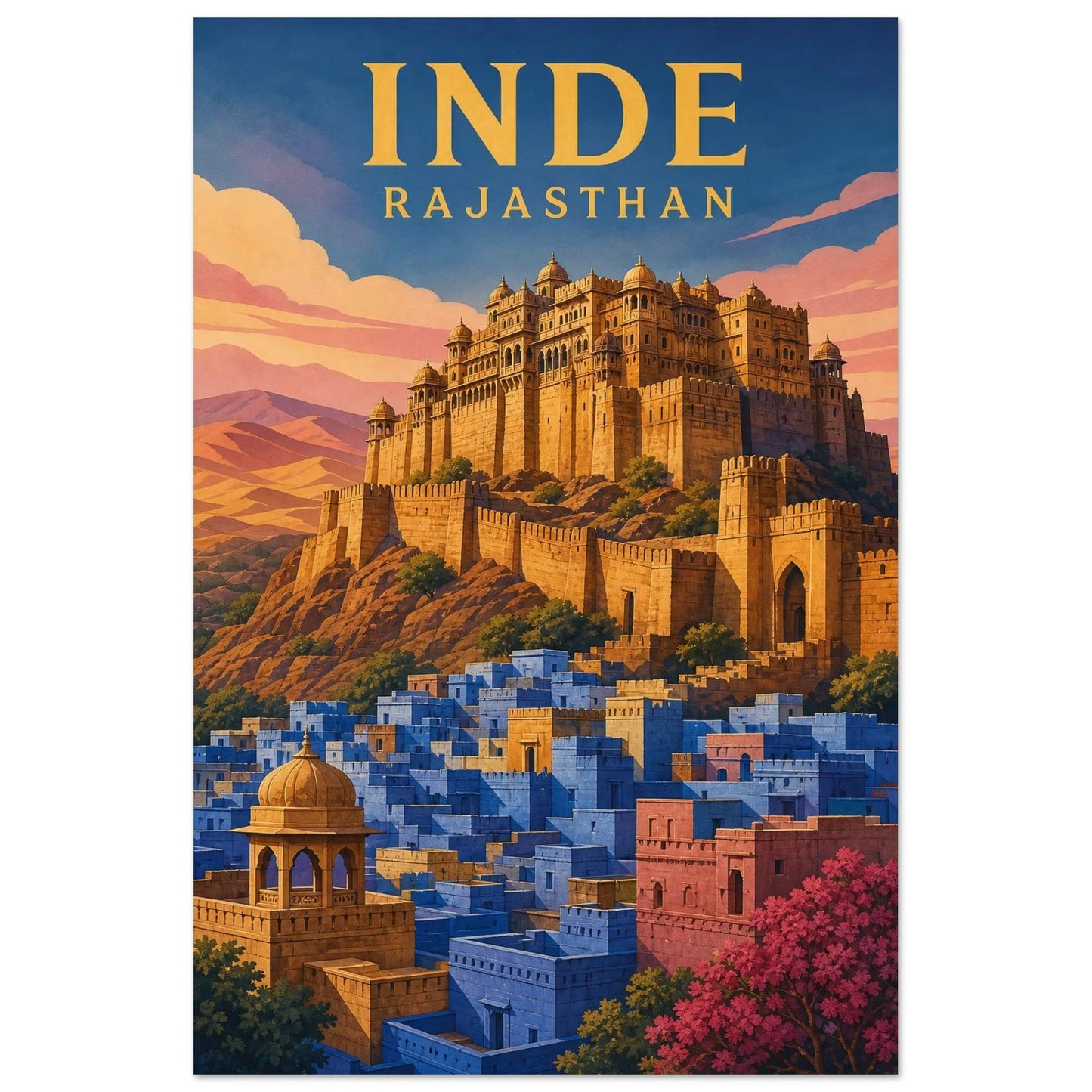 Affiche Inde – Rajasthan, papier découpé et gouache aux architectures stratifiées verticale, format 40 × 60 cm