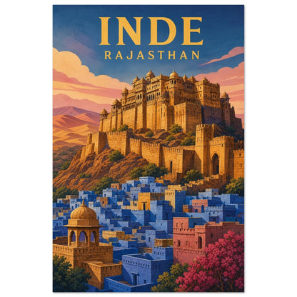 Affiche Inde – Rajasthan, papier découpé et gouache aux architectures stratifiées verticale, format 40 × 60 cm