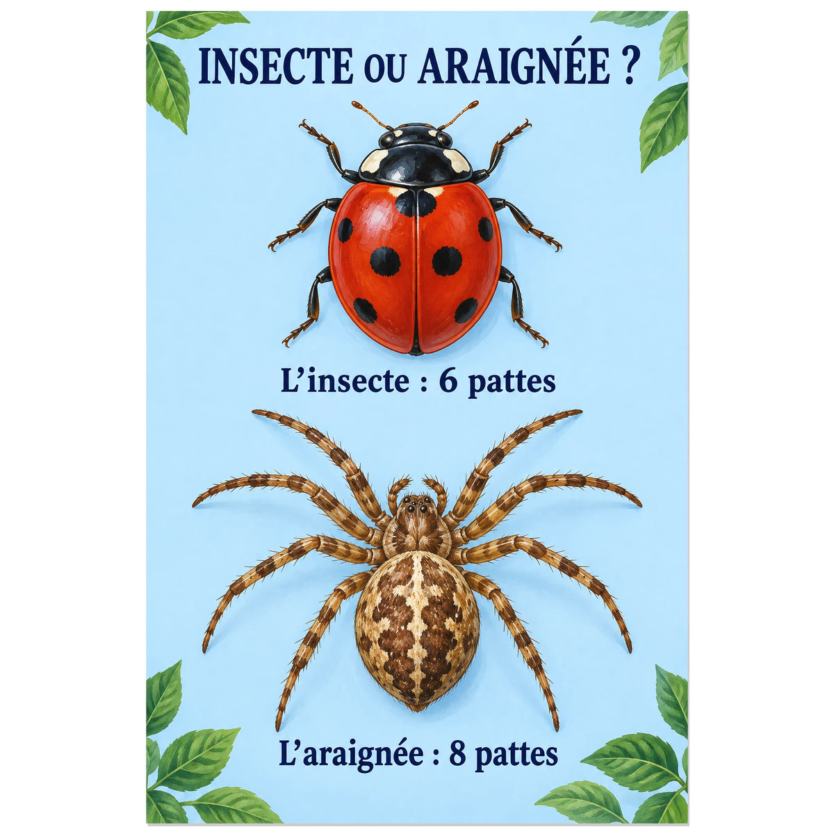 Coccinelle et araignée comparées par leurs pattes, affiche 30 × 45 cm