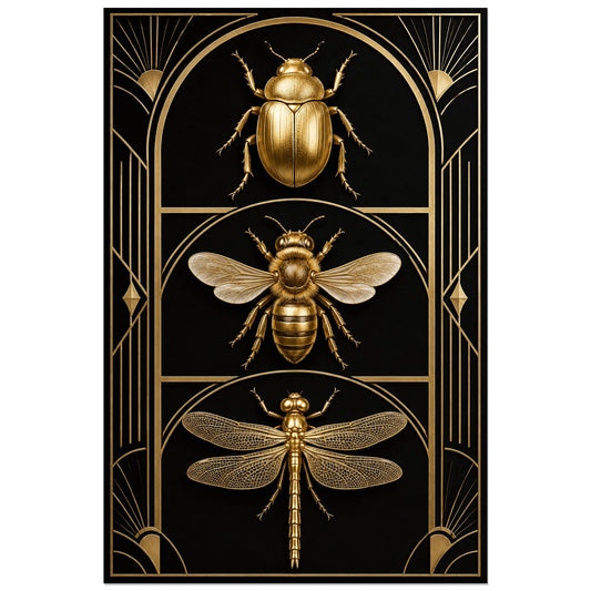 Affiche Insectes dorés – Géométrie noire, art déco contemporain / illustration métallique verticale, format 30 × 45 cm