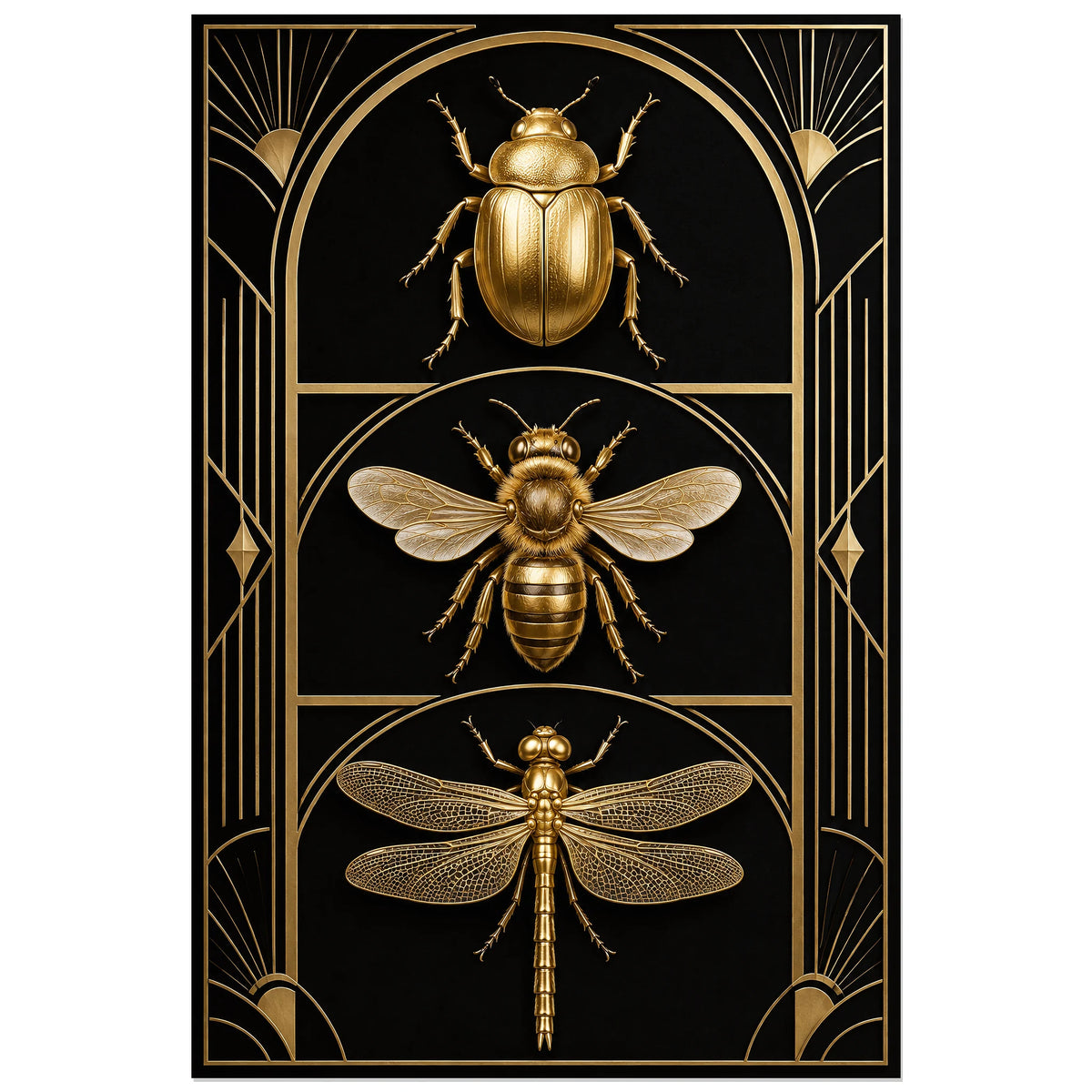 Affiche Insectes dorés – Géométrie noire, art déco contemporain / illustration métallique verticale, format 40 × 60 cm