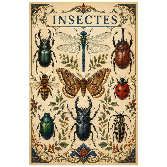 Affiche Insectes vintage – Cabinet d’entomologie, affiche entomologique vintage / illustration ornementale verticale, format 30 × 45 cm