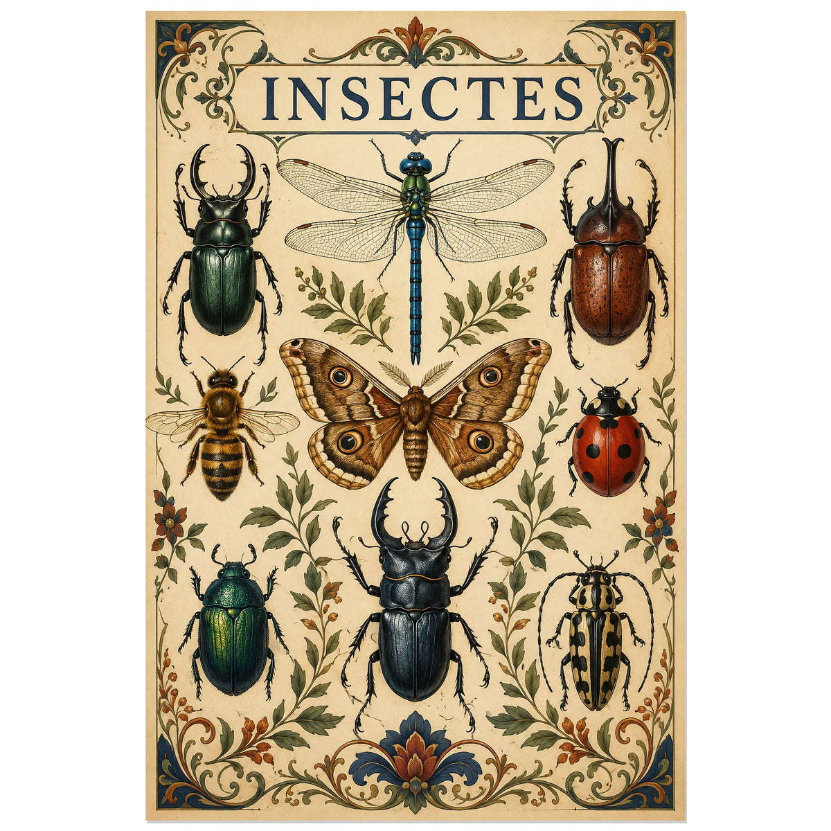 Affiche Insectes vintage – Cabinet d’entomologie, affiche entomologique vintage / illustration ornementale verticale, format 40 × 60 cm