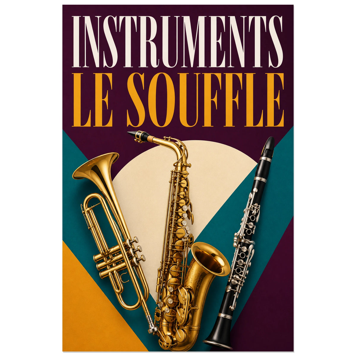 Affiche Instruments - Le souffle, illustration moderniste d instruments a vent verticale, format 30 × 45 cm