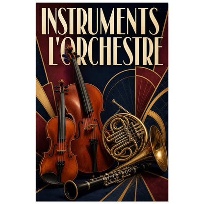 Affiche Instruments - L orchestre, nature morte orchestrale art deco verticale, format 60 × 90 cm