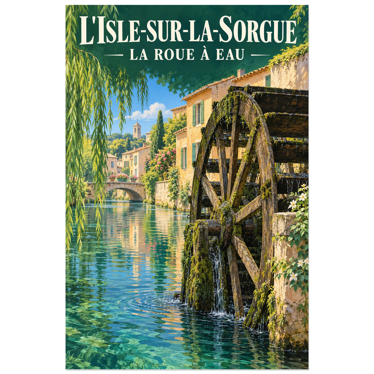 Affiche L'Isle-sur-la-Sorgue Roue à eau, illustration peinte / affiche de voyage rétro verticale, format 30 × 45 cm