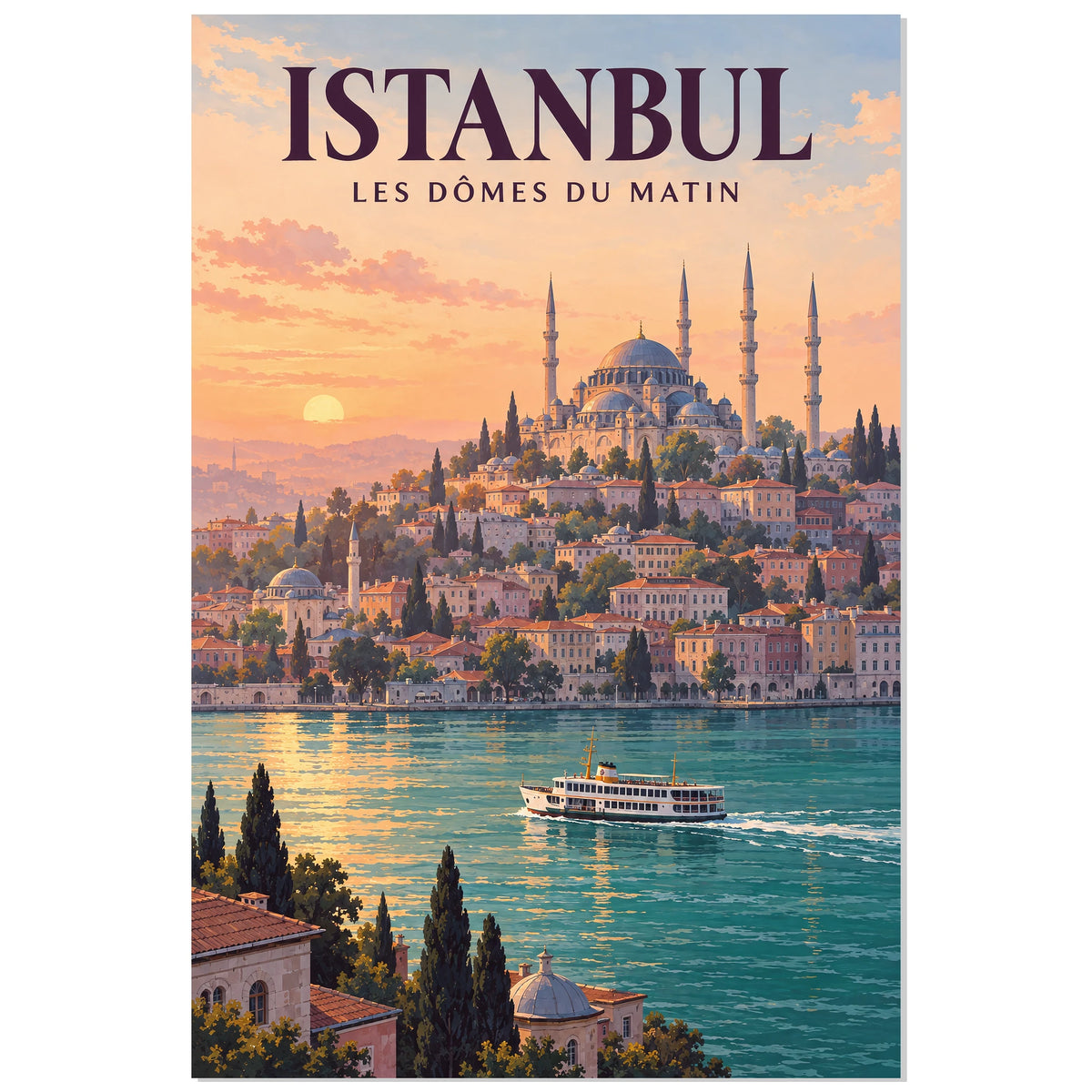 Affiche Istanbul – Les dômes du matin, illustration architecturale / affiche de voyage / rendu peint verticale, format 30 × 45 cm