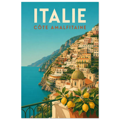 Affiche Italie – Côte Amalfitaine, affiche de voyage néo-rétro aux aplats nets et à la composition moderniste verticale, format 40 × 60 cm