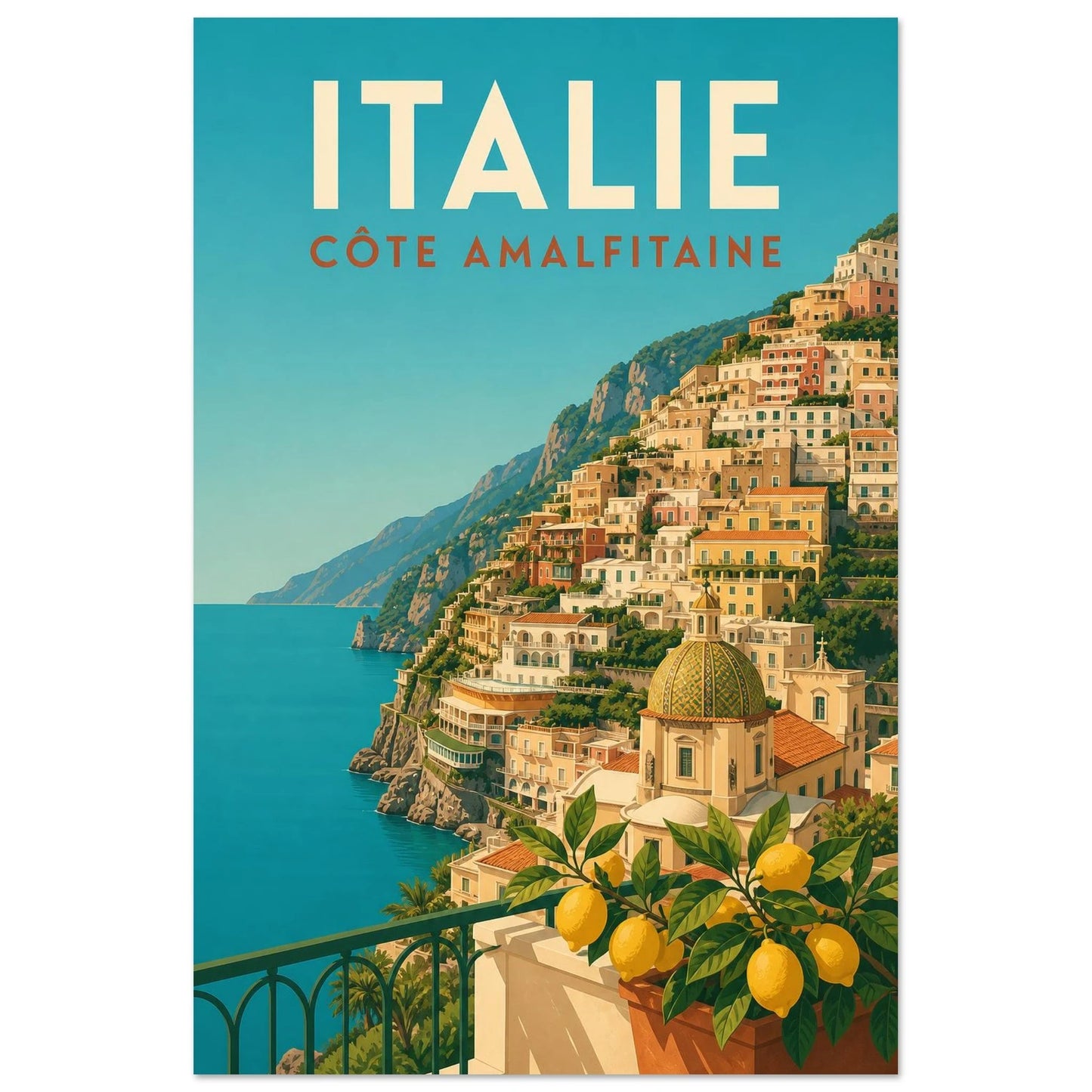 Affiche Italie – Côte Amalfitaine, affiche de voyage néo-rétro aux aplats nets et à la composition moderniste verticale, format 60 × 90 cm