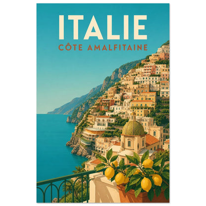Affiche Italie – Côte Amalfitaine, affiche de voyage néo-rétro aux aplats nets et à la composition moderniste verticale, format 60 × 90 cm