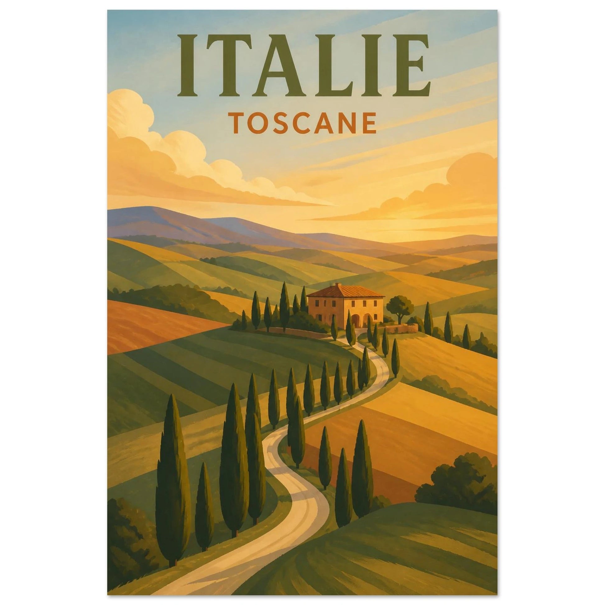 Affiche Italie – Toscane, gouache de voyage aux formes simplifiées, dans un esprit d'affiche moderniste du milieu du siècle verticale, format 30 × 45 cm