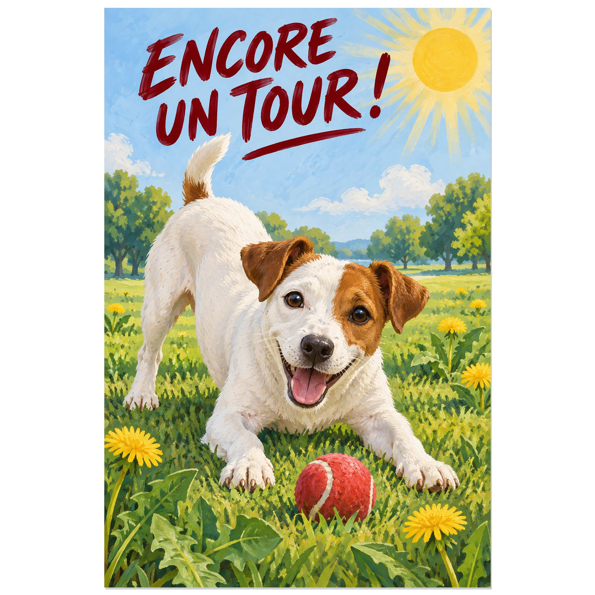 Affiche Jack russell – Encore un tour !, gouache figurative / affiche ludique verticale, format 30 × 45 cm