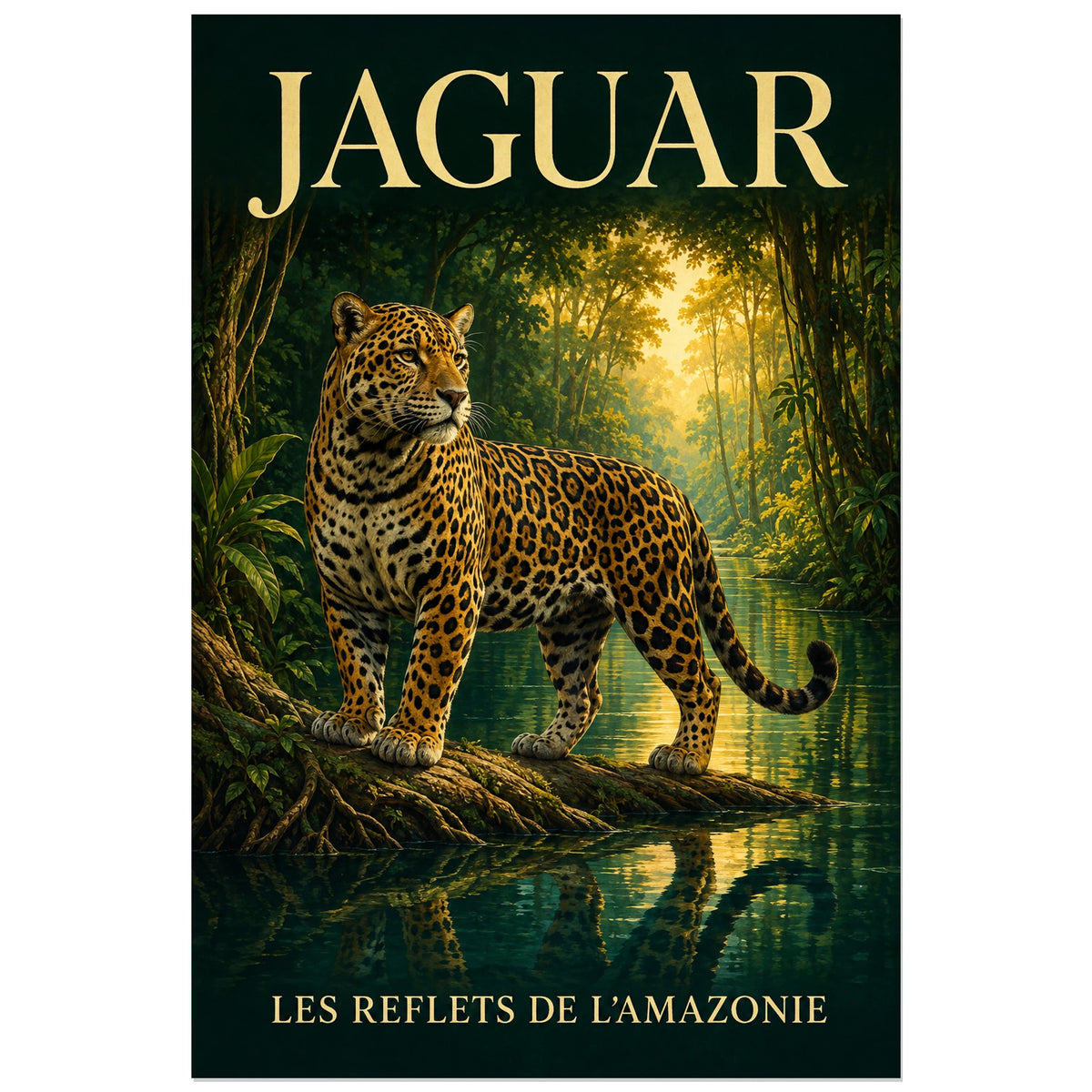 Affiche Jaguar, les reflets de l’Amazonie, illustration naturaliste peinte à typographie intégrée verticale, format 30 × 45 cm
