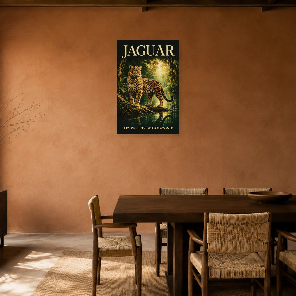 Affiche Jaguar, les reflets de l’Amazonie dans une salle à manger - Art Virtuoso