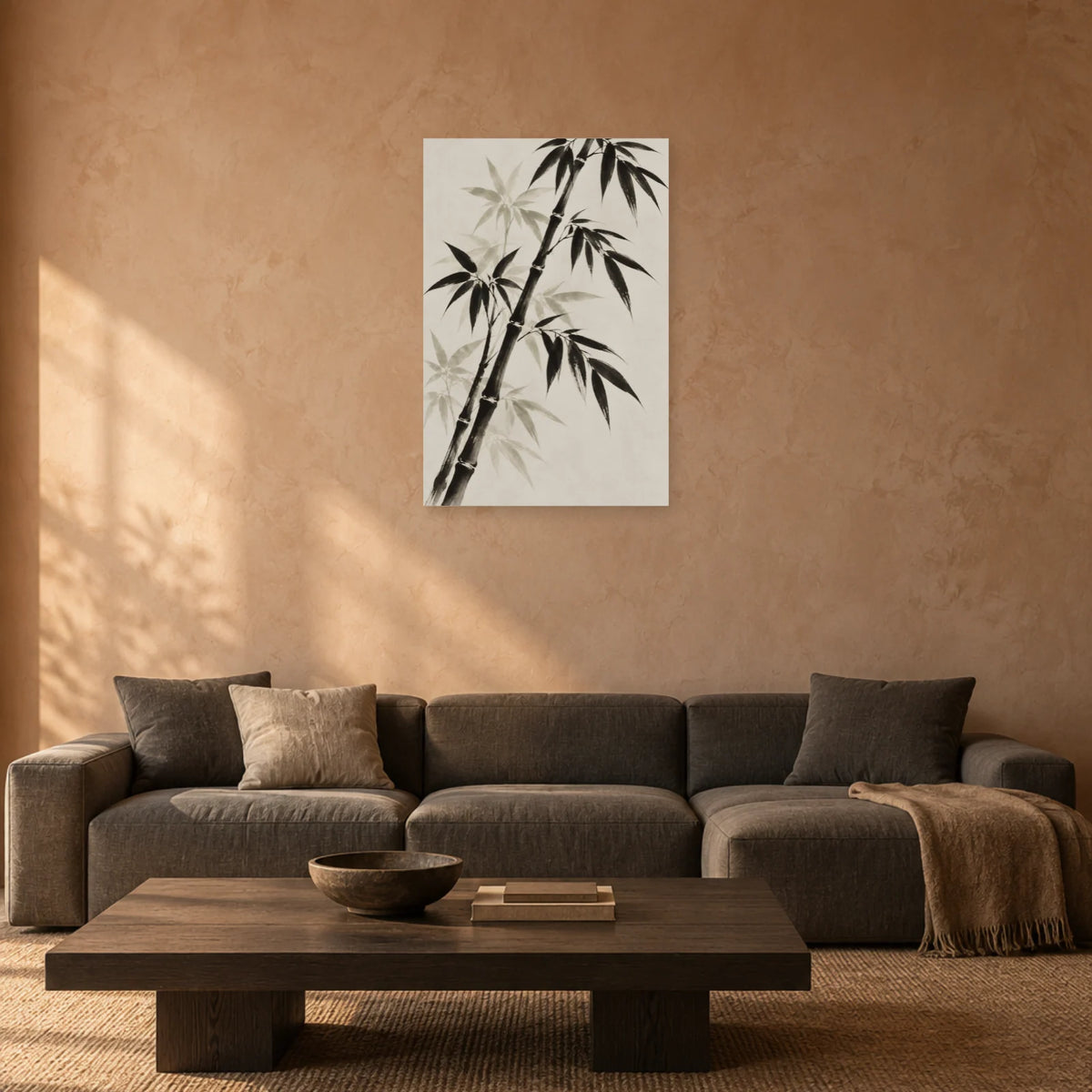 Affiche Japandi Bambou à l'encre diagonale dans un salon - Art Virtuoso