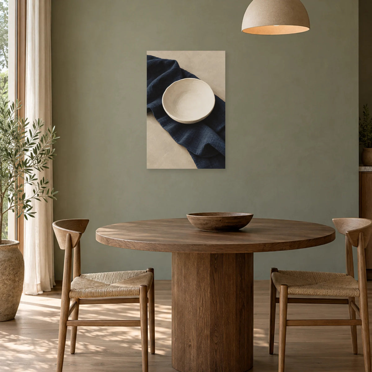 Affiche Japandi Bol blanc et lin indigo dans une salle à manger - Art Virtuoso