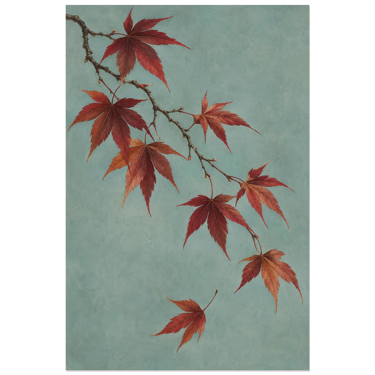 Affiche Japandi Branche d'érable cuivrée, illustration botanique / lavis et gouache verticale, format 40 × 60 cm