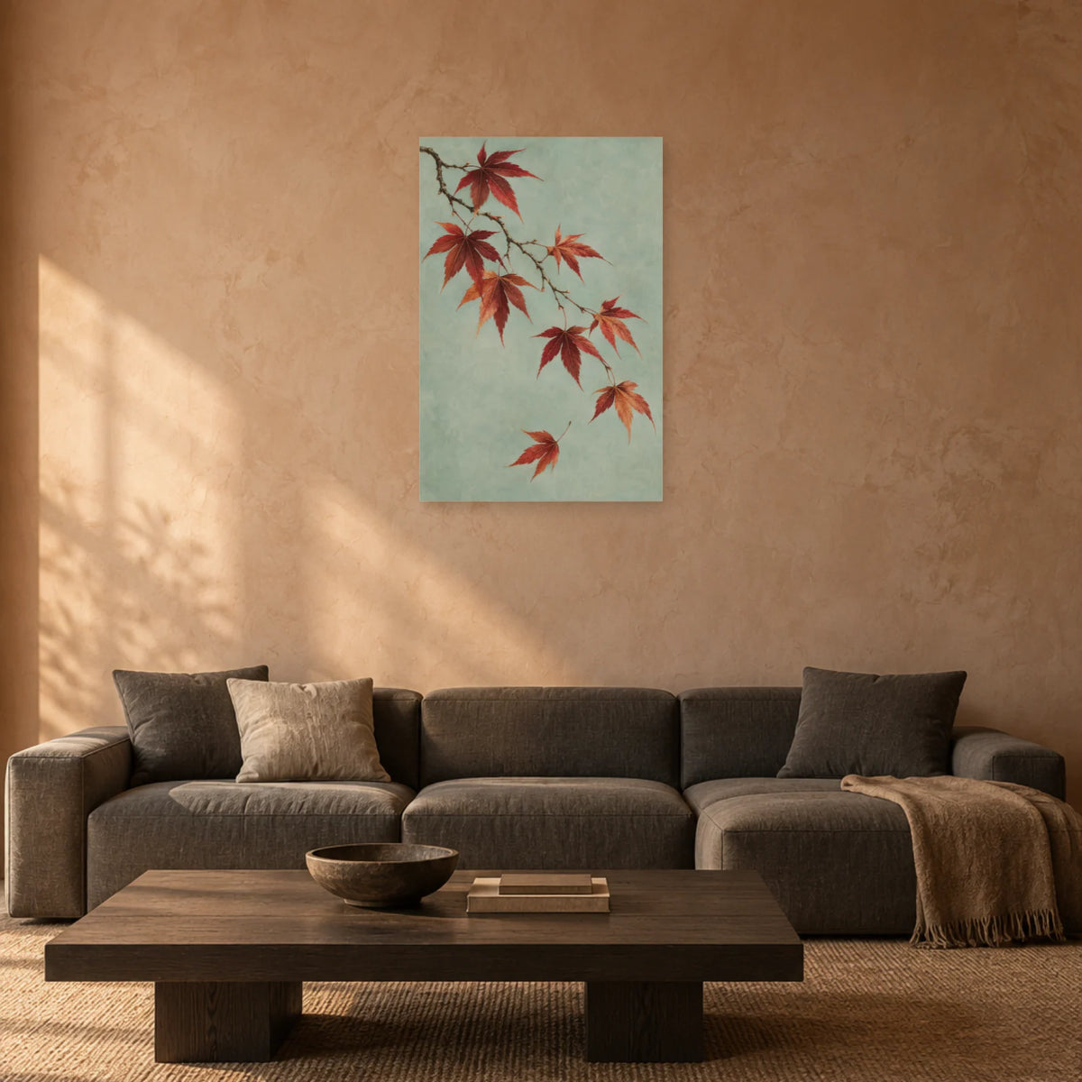 Affiche Japandi Branche d'érable cuivrée dans un salon - Art Virtuoso
