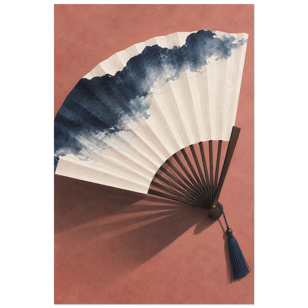 Affiche Japandi Éventail de papier indigo, nature morte illustrée / lavis et gouache verticale, format 30 × 45 cm