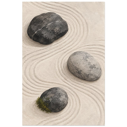 Affiche Japandi Galets sur sable ratissé, illustration peinte / minimalisme minéral verticale, format 40 × 60 cm