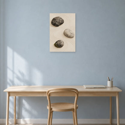 Affiche Japandi Galets sur sable ratissé dans un bureau - Art Virtuoso