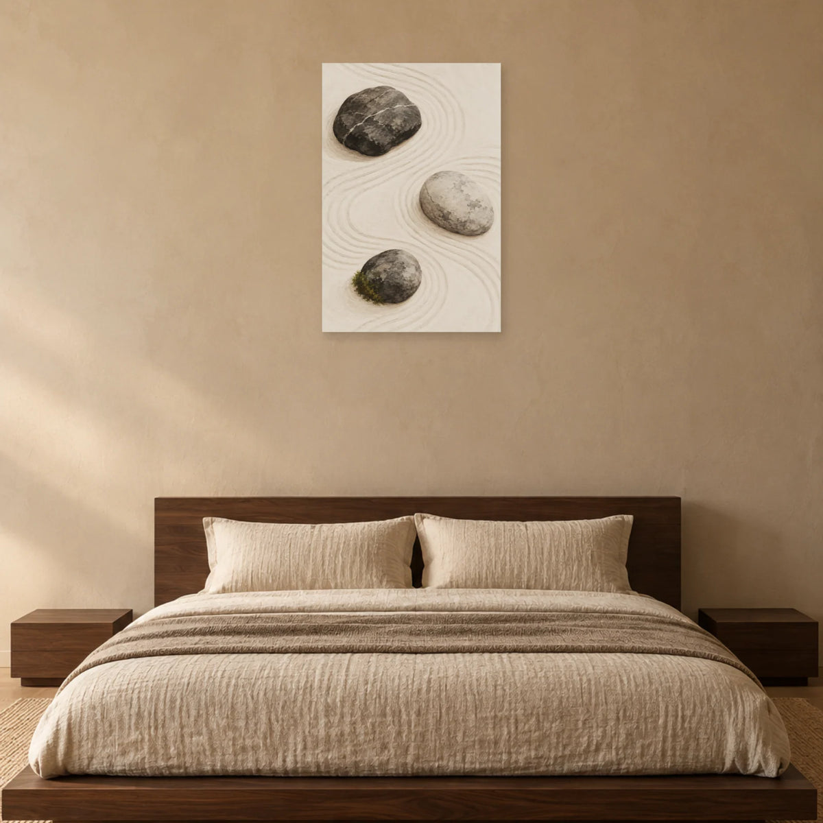 Affiche Japandi Galets sur sable ratissé dans une chambre - Art Virtuoso